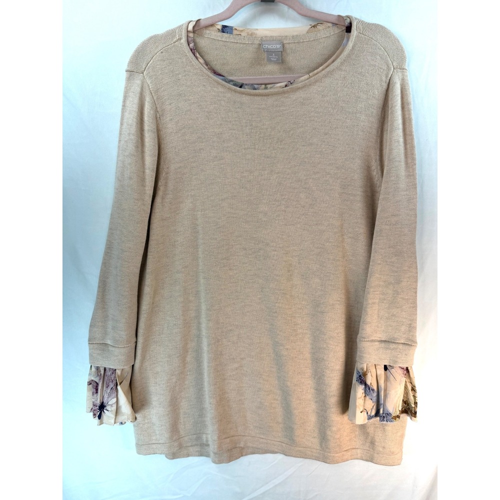 Chicos Floral Trim Knit Sweater Tan Beige 3/4 Sleeve Ruffle Cuff Size XL